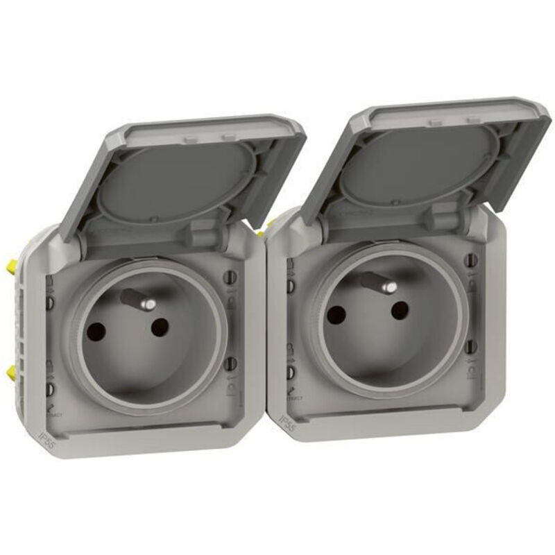 Prise de courant étanche - Plexo - Composable Legrand 2 x 2P+T - 16 a - Gris - IP55 - Horizontale - Précâblée