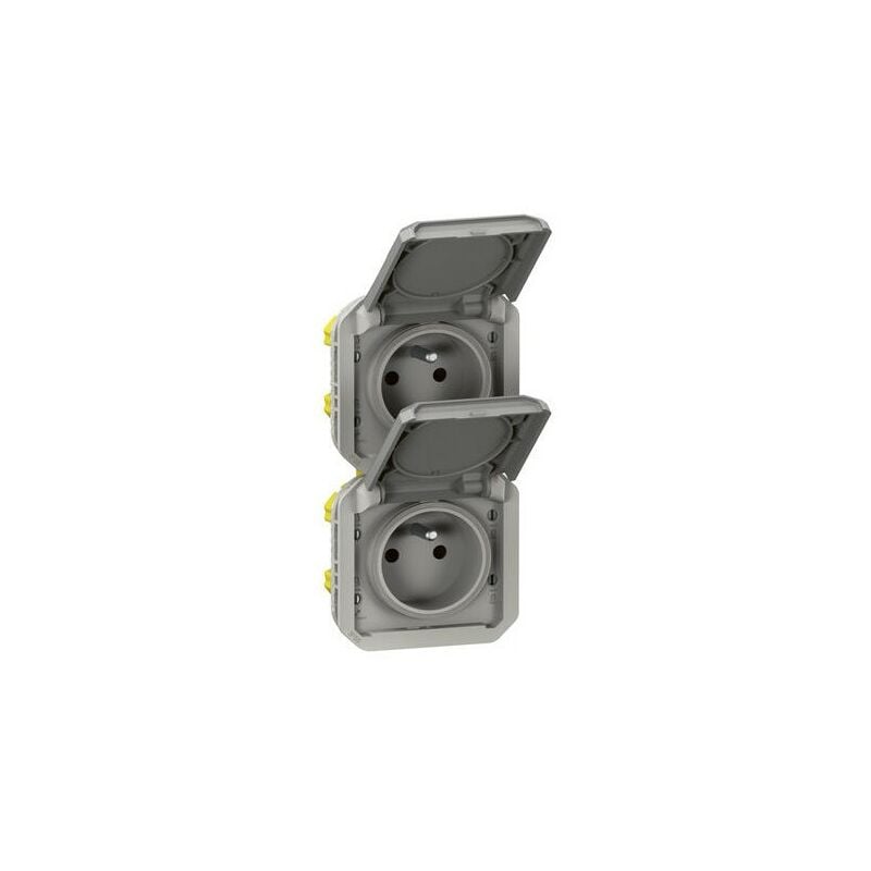 Legrand - Double prise de courant précâblée 2x2P+T verticale étanche Plexo 16A 250V IP55 2 postes avec enjoliveurs finition gris
