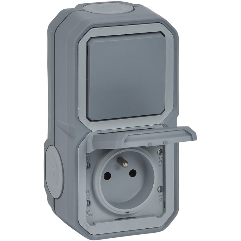 Prise de courant avec va-et-vient vertical Plexo complet saillie - gris - Legrand