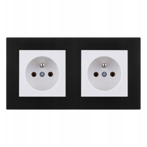 Prise de courant complète double 2P+T blanche, cadre double noir métallisé Série KARELL 16A 250V EXEN
