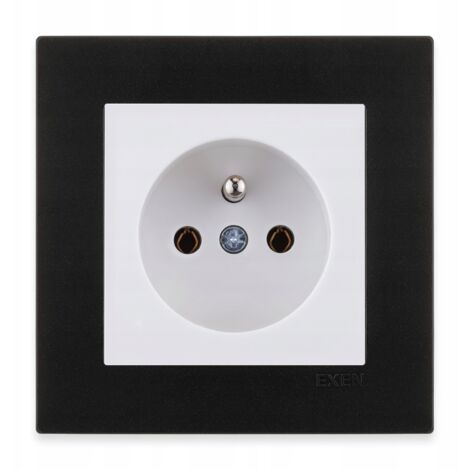 Prise de courant complète simple 2P+T blanche, cadre double noir métallisé Série KARELL 16A 250V EXEN