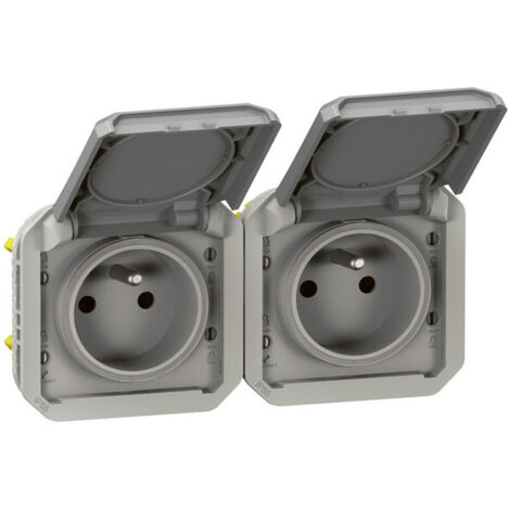 Prise de courant double 2P+T horizontale PLEXO avec enjoliveurs gris - LEGRAND - 069562L