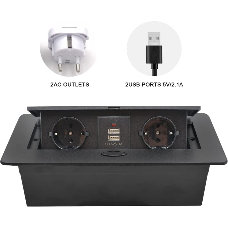 Bloc Multiprise Escamotable pour Encastrer au Bureau Bloc Multiprise Plan de Travail,Bureau de Prise Pop-up caché avec 2 Prises et 2 Ports usb