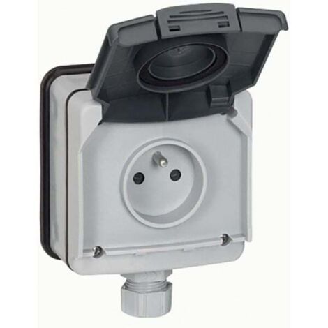 Prise de courant étanche 2P+T avec volet Plexo IP66 complet 16A 250V - gris - LEGRAND