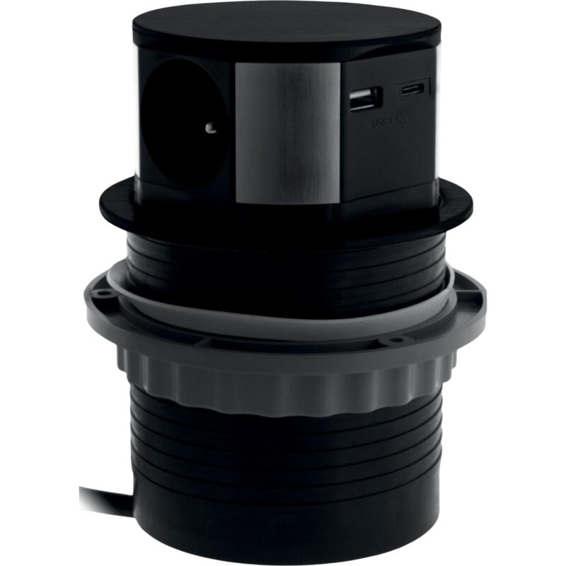 Prise plan de travail ruby - Bloc 3 prises + 1 usb-a et 1 usb-c rétractable noir
