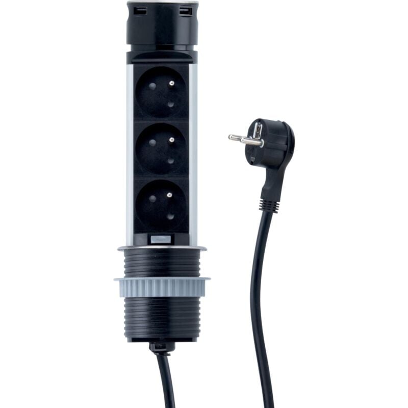 Prise plan de travail sky - Bloc 3 prises + 2 usb-a rétractable inox et noir