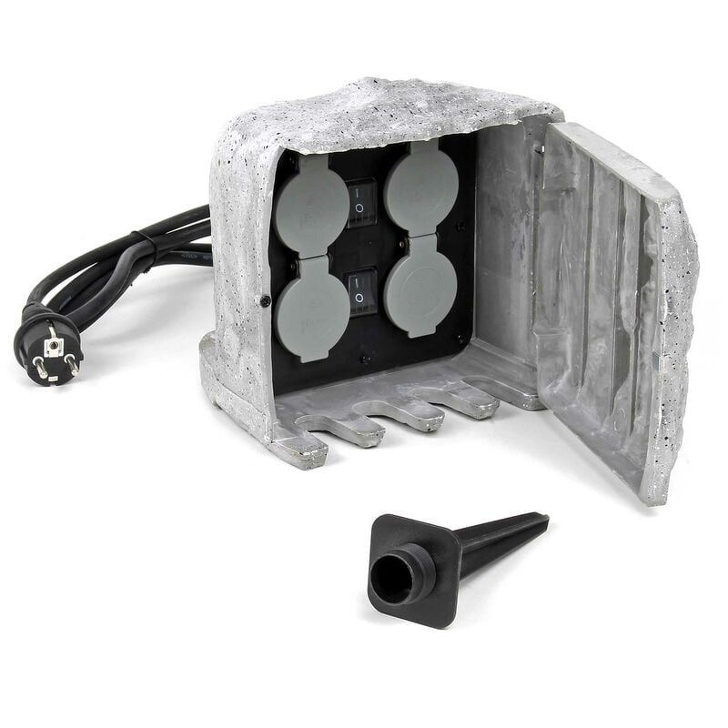 Wiltec Multiprise de jardin quadruple – 4 prises – 175 x 190 x 190 mm – Design pierre – en pp – avec Câble 1,5 m et 2 Interrupteurs – Utilisation