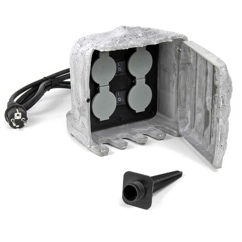 Prise de jardin quadruple Aspect pierre IP44, Prise extérieure avec deux Interrupteurs, Câble 1,5 m