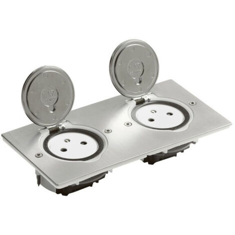 Prise de sol double 2P+T Surface 16A 250V platine rectangulaire - inox brossé