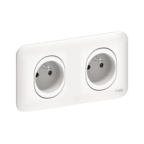Prise double 2x2P+T 16A précablé horiz entraxe 71mm blanche complete avec plaque bornes auto fixation vis/griffes OVALISontal