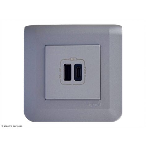 Prise Double chargeur USB  Type-A + Type-C Mosaic Legrand Alu complet  Griffes: Avec griffes