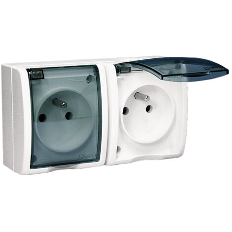 Prise double hermétique Simon Aquarius avec IP54, obturateur de rail et couvercle transparent, blanche AQGZ1-2z/11a