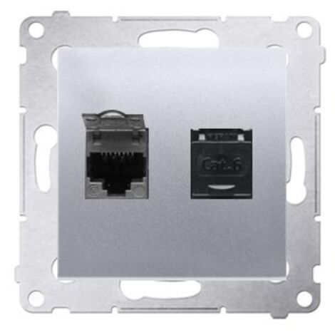 Prise double pour ordinateur Simon 54, 2xRJ45 cat.6 avec obturateur, argent mat D62.01/43