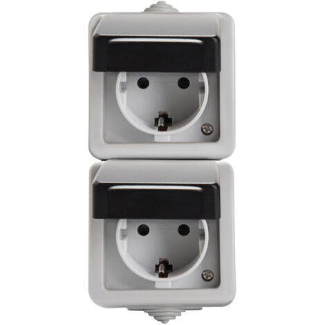 Prise Double Schuko Murale - 2P+T - 16A/250V - IP54 - Protection Enfant - Gris