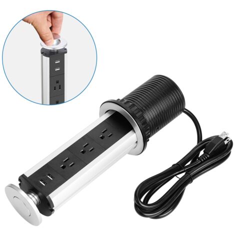 Prise Électrique Pop-up avec Ports USB  [型号]  Aluminium Argent/Noir 16A 2m  Installation Vertical/Horizontale pour Bureau Cuisine