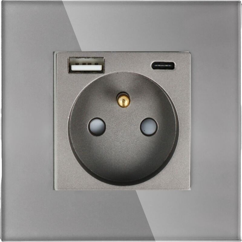 Prise électrique simple avec chargeur rapide USB A+C Gris avec cadre en verre 20W