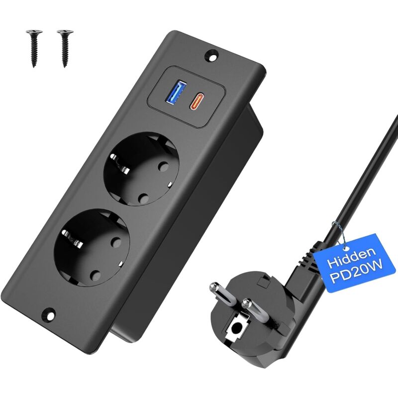 Prise encastrable avec usb c 20 w, 2 Prises de Table avec usb a et Type-C, 4 en 1, Plateau de Table, Triple Prise encastrée avec câble d'extension de