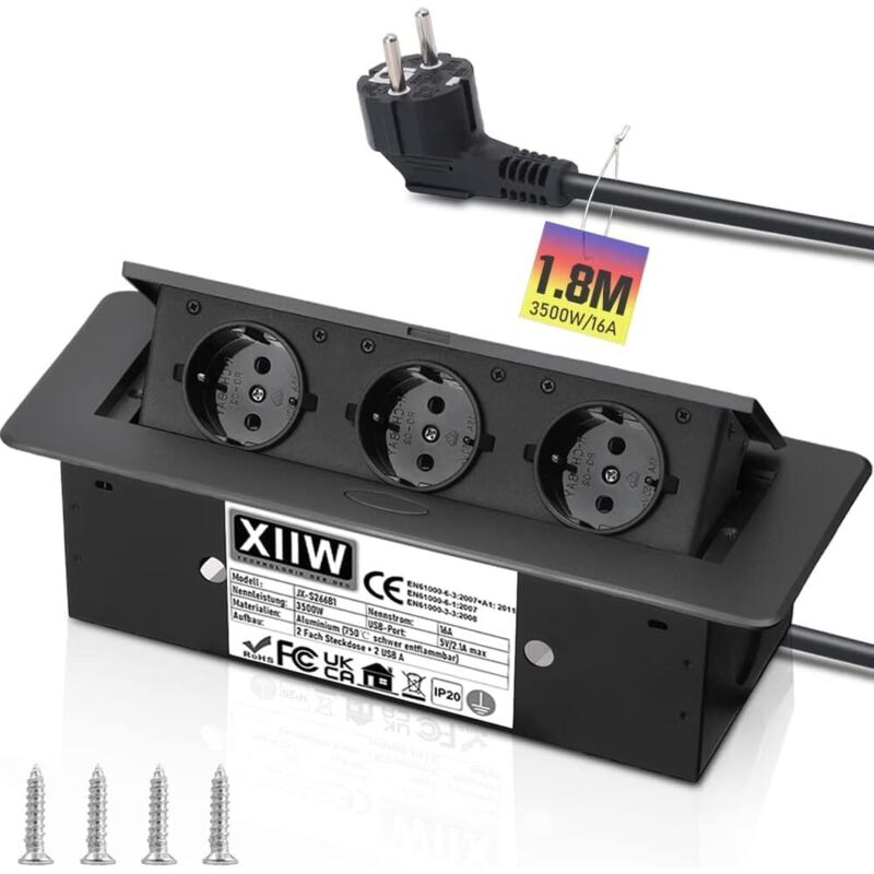 Prise encastrable escamotable avec 3 prises Schuko, Cordon d'alimentation inclus, multiprise Multiple Encastrée comme prise de table ou prise au sol