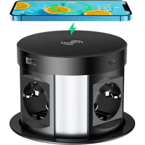 Prise Encastrable Plan de Travail 2 USB C, 4 Prises, 2 USB A Ports, Chargeur sans Fil, Multiprise Electrique Escamotable USB C pour Les Cuisines Bureaux Chambres Salle de Réunion