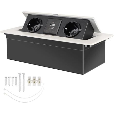 Prise Encastrable Plan de Travail Blanc, Multiprise Plan de Travail Cuisine avec 2 Prises +2USB