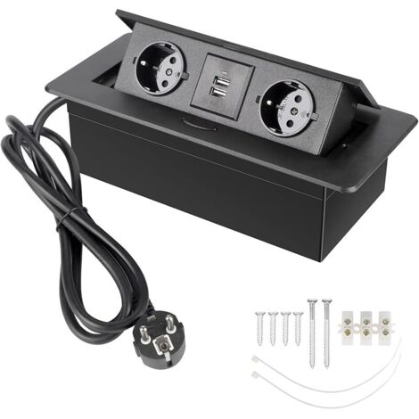 Prise Encastrable Plan de Travail Noir, Multiprise Plan de Travail Cuisine avec 2 Prises + 2USB/Connecteur/1,8M Câble