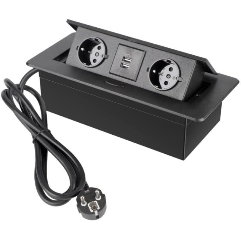 Prise Encastrable Plan de Travail Noir, Multiprise Plan de Travail Cuisine avec 2 Prises + 2USB,Connecteur,1,5M Câble