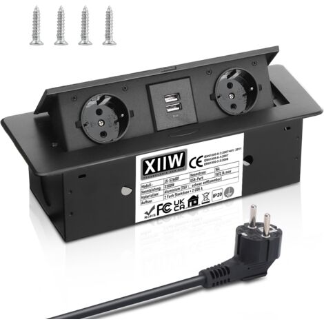 Prise encastrable pour table, multiprise escamotable avec 2 prises USB 2A et 2 prises, FlipTop, 3500W, câble de 1,8m, noir.
