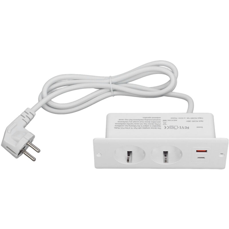 Prise encastrée 2 prises avec Port PD20W USB C A, multiprise intégrée pour meubles, cordon de 1.5m