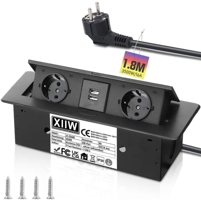 Prise encastrable escamotable en aluminium - 3500 W/16 a - 2 compartiments - Avec 2 ports usb - Multiprise pour plan de travail, cuisine, bureau