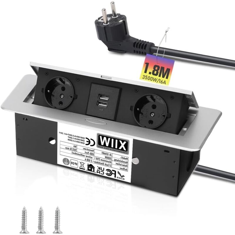 Prise encastrable escamotable en aluminium - 3500 W/16 a - 2 compartiments - Plateau de table encastré avec 2 ports usb - Multiprise pour plan de
