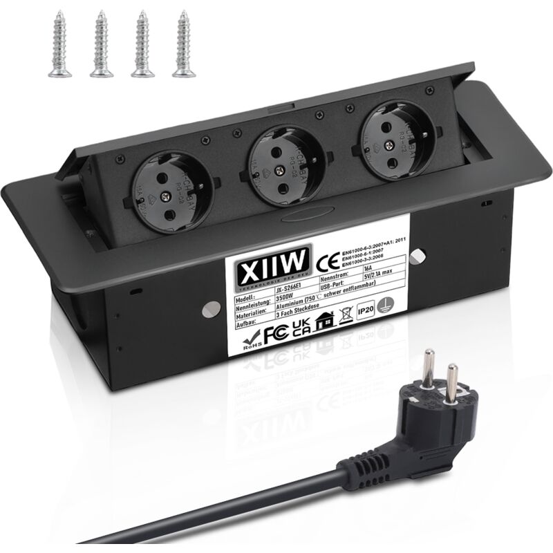 Prise escamotable en aluminium, prise escamotable pour table, multiprise encastrable à 3 prises avec câble de 1,8 m pour plan de travail de salle de