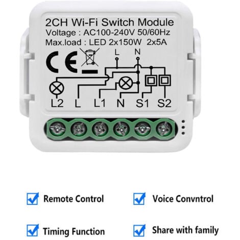 ANPVIZ Prise et interrupteur connectés Module de relais de commutateur d'éclairage WiFi Tuya Smart Life Gang DIY Télécommande vocale sans fil Application Minuterie Fonctionne avec Alexa Google Home