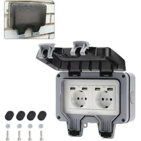 Prise étanche avec boîtier Double prises murales extérieures Ip66 double interrupteur prise murale avec USB pour jardin garage piscine avec couvercle