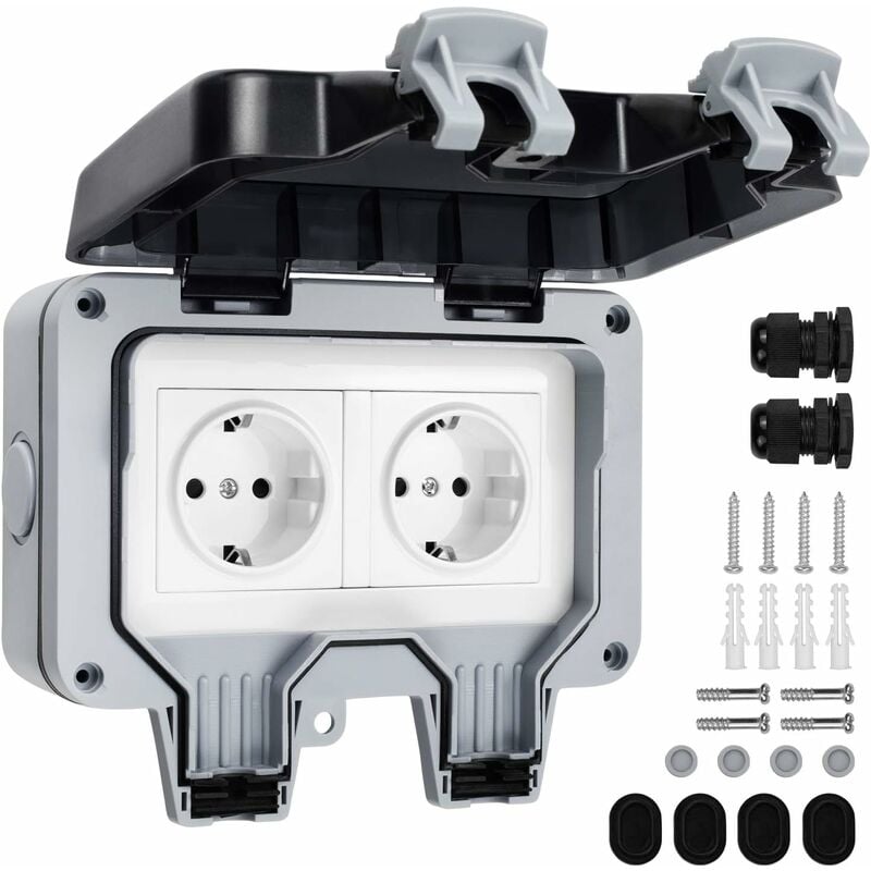Fei Yu - Prise étanche Double avec Boîte de Derivation étanche, Prise Extérieure IP66, Prise Murale Anti Poussière pour Cuisine, Salle de Bain,