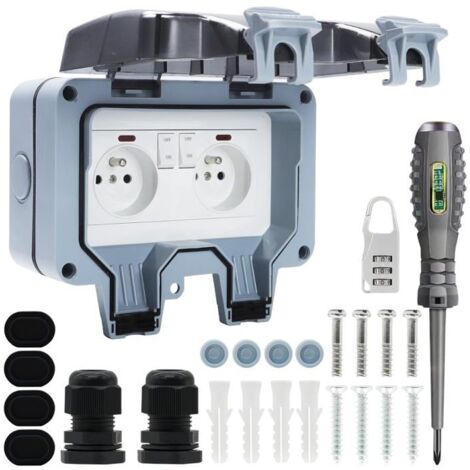 Prise Étanche Extérieure IP66 avec Interrupteur, Prise Extérieure Murale Double pour Cuisine, Salle de Bain, Garage, Piscine et