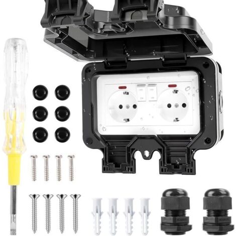 Prise Étanche Extérieure IP66 avec Interrupteur, Prise Extérieure Murale Double pour Cuisine, Salle de Bain, Garage, Piscine et
