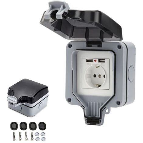 Prise Étanche IP66 avec Connexions USB Prise Électrique Extérieure avec Couvercle Boîtier de Prise Murale pour Jardin Garage Piscine