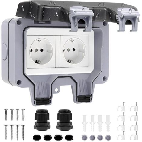 Prise extérieure 2 prises IP66 étanche - Gris