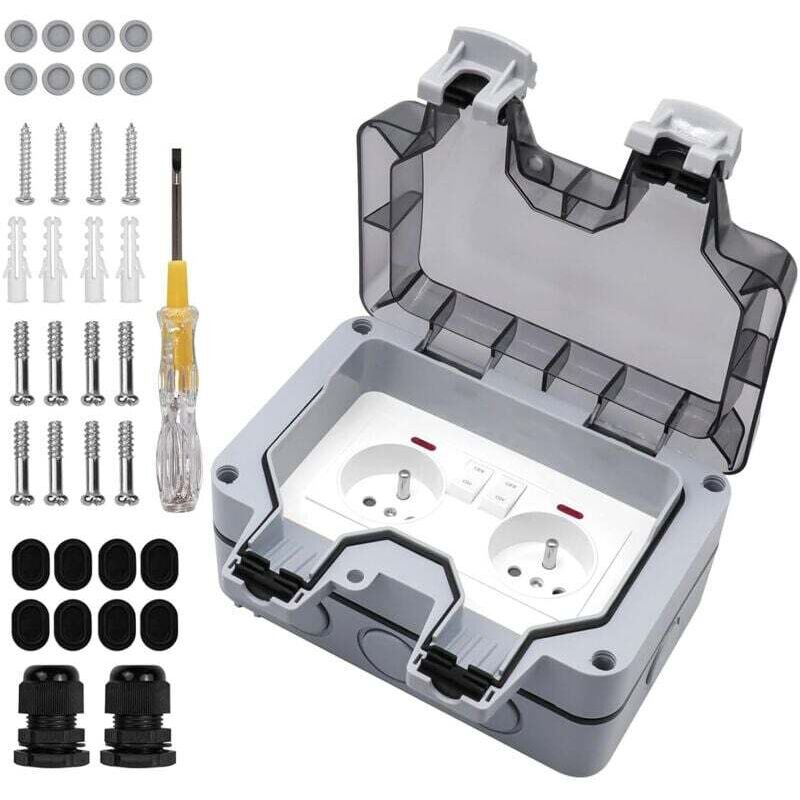 Trimec - Prise Extérieure étanche avec Interrupteur et Témoin Lumineux, Double Prise Etanche Prise Standard Français Encastrée, AC250V/16A pour
