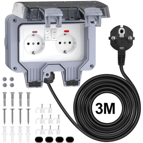 Prise Extérieure Étanche IP66 - Double Prise avec Interrupteur, Câble 3M & Couvercle Rabattable - Résistant aux Intempéries pour Jardin, Terrasse, Gris