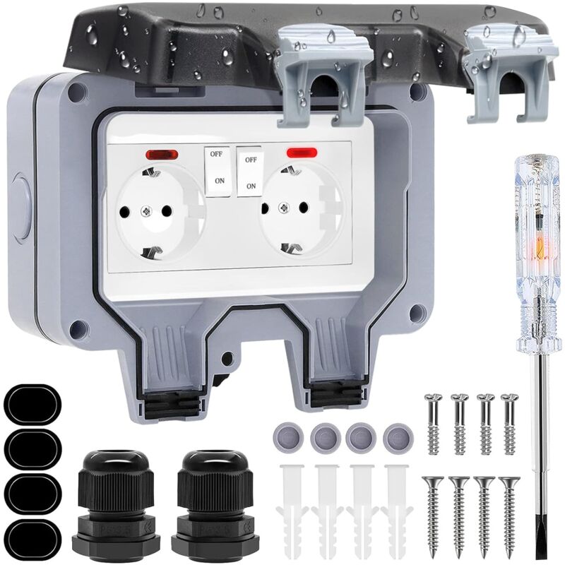 Rqiurpn - Prise Exterieure Etanche IP66 Double Prise de Courant et Volet de Protection Multiprise Electrique Murale de Jardin, Prise Anti-Poussière
