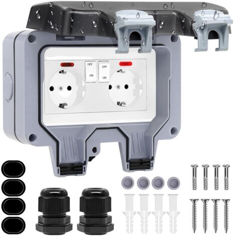 Prise Exterieure Etanche IP66 Double Prise de Courant et Volet de Protection Multiprise Electrique Murale de Jardin, Prise Anti-Poussière et Coupe-Vent avec Interrupteur, Voyant Lumineux