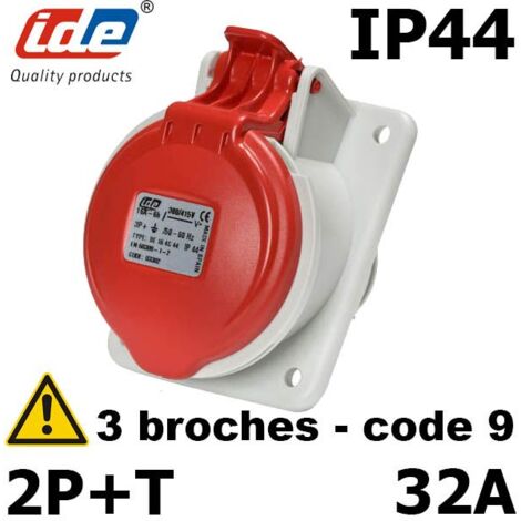Prise femelle 2P+T 32A étanche IP44 - Tension(V) - Prise code horaire 9 - 32A - 380V à 415V