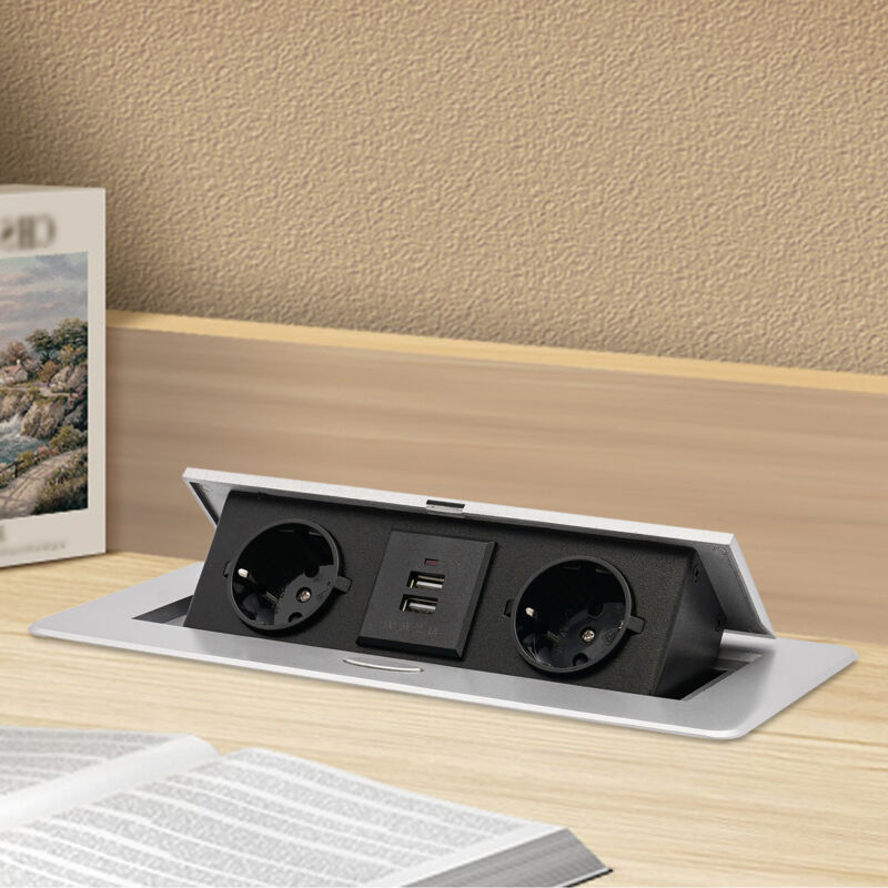 Prise intégrée, 2 compartiments rétractables avec 2 ports USB, prise intégrée dans le plan de travail avec couvercle, argent, prise pour meuble,