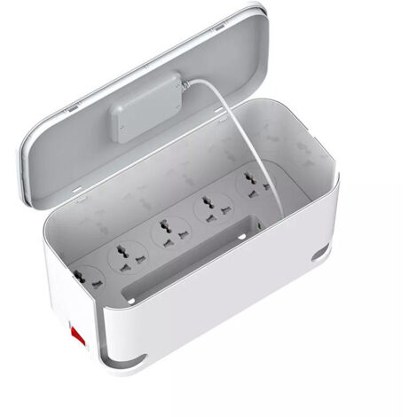 Prise intelligente avec chargeur sans fil pour téléphones portables, boîte de rangement et panneau de commande.
