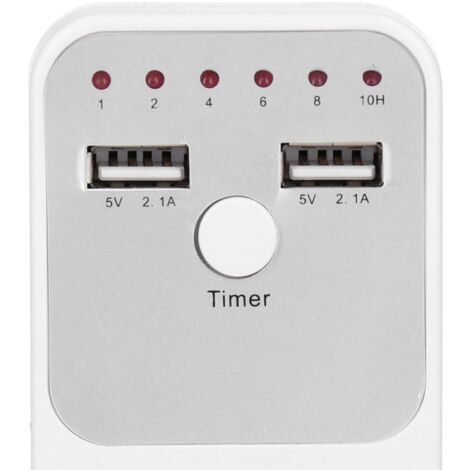 Prise Intelligente avec Timer USB et Ports USB - Temporiseur à Minuterie Économiseur d'Énergie pour Ordinateur et Chargeurs de Smartphone - ABS - 10.9cm - 2 Ports USB 2.1A