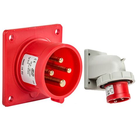 Prise mâle 3P+T 32A étanche IP44 ou IP67 à encastrer sur coffret - Étanche IP67 ou IP44 - IP44 - Embase mâle 3P+T - 32A - 380V
