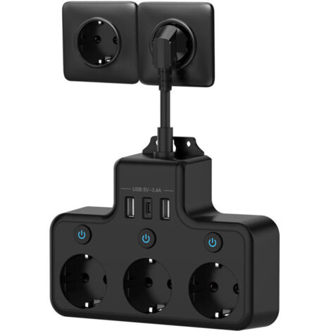 Prise Multiple avec Interrupteur Individuel, Multiprise avec USB C 3 Prises et 3 USB Chargeurs, Multiprise électrique Murale Adaptateur Prise USB Multiple Câble Court 0,1M pour Cuisine,Bureau,Noir