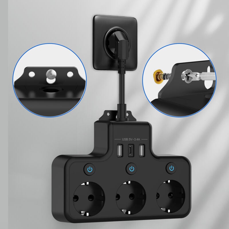 Prise Multiple avec Interrupteur Individuel,Multiprise Electrique avec usb c Multiprise Murale 3 Prises et 2 usb Chargeurs Adaptateur Prise 7 en