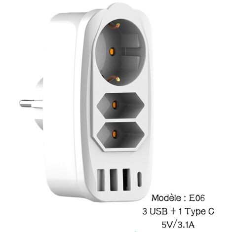 Multiprise d'angle 3 prises avec 2 ports USB et veilleuse LED